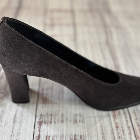 Stuart Weitzman Dark Grey Charcoal Suede Pumps Block Heel 8 Leather Square Toe - Picture 5 of 11